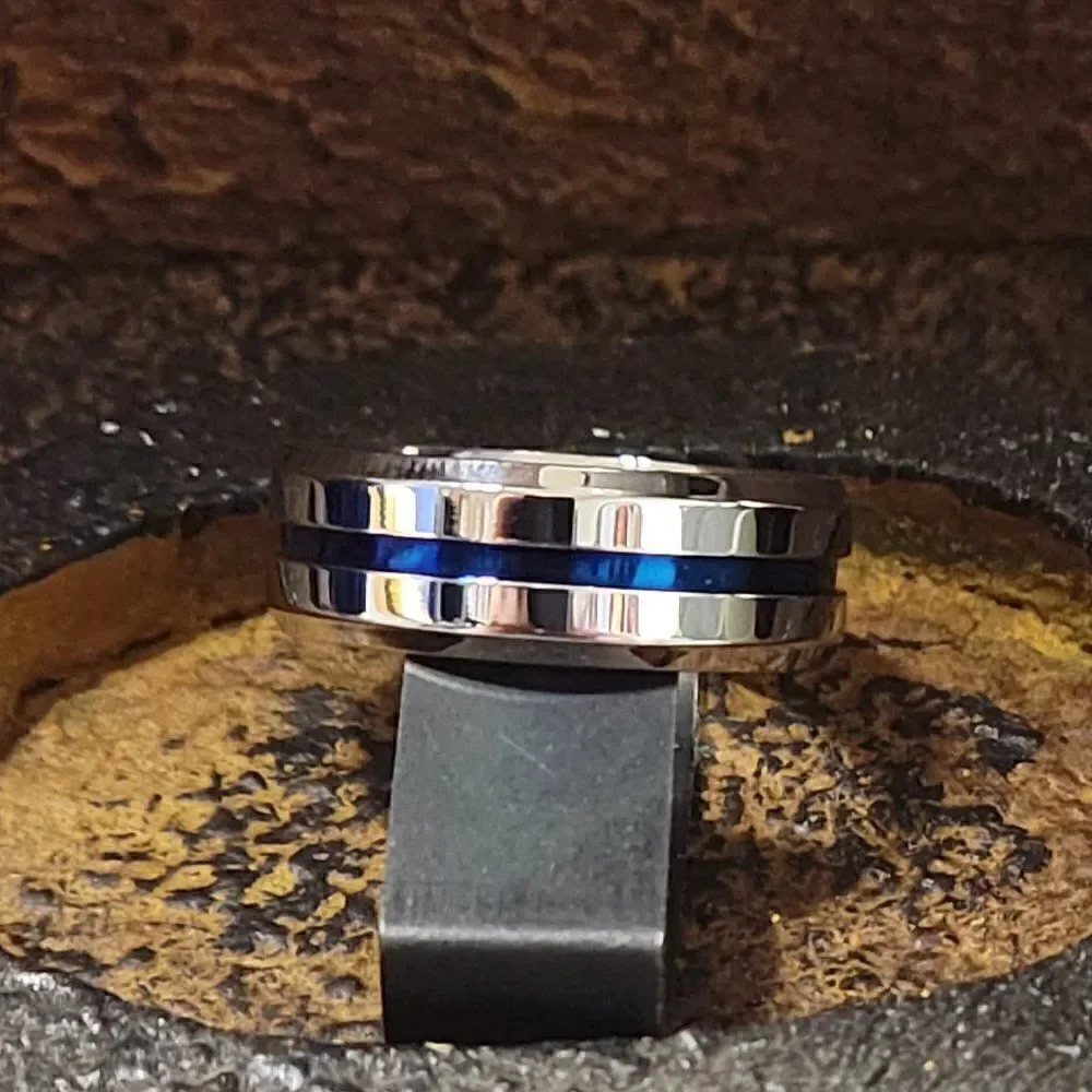 Men's Wedding Ring Band - Silver with Blue Line Center Groove Blue Line Ring